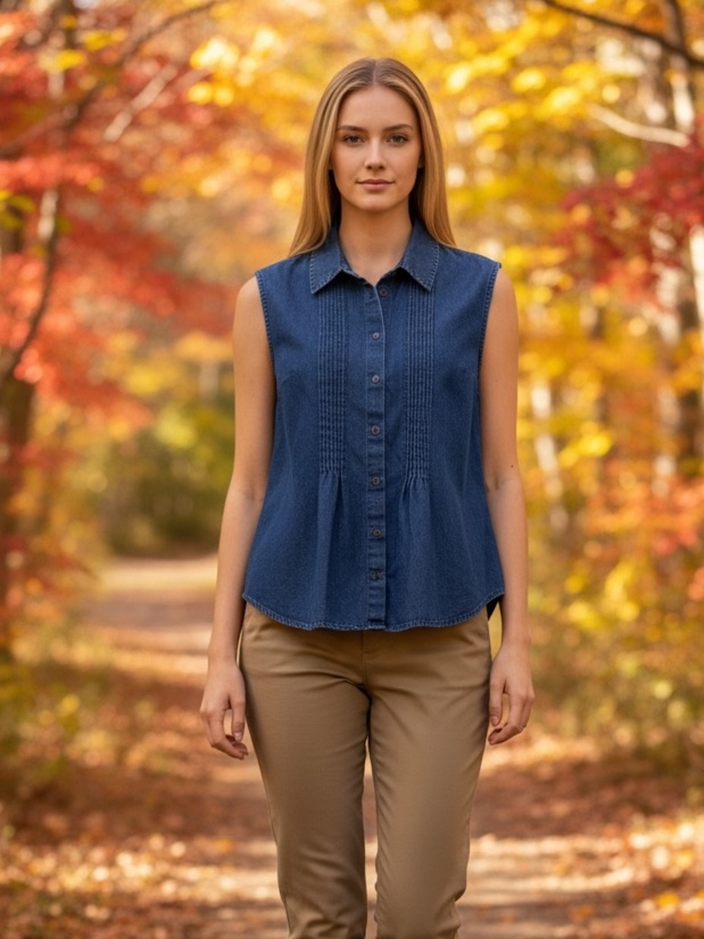 THE VERMONT COUNTRY STORE SLEEVELESS BUTTON FRONT PLEATED DENIM SHIRT SIZE 1X